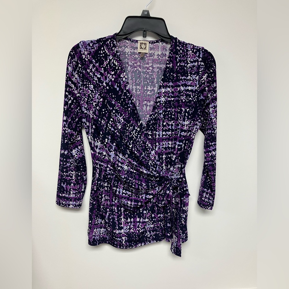 Anne Klein blouse, black, purple, gray print, M